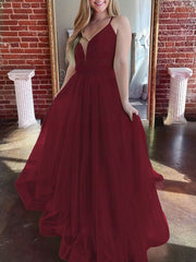A-line Sweep Train Tulle V-neck Prom Dresses