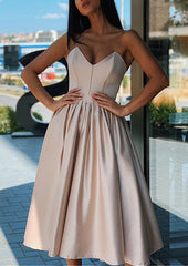 A-line Sweetheart Tea-Length Satin Homecoming Dress With Ruffles - Babyonlines
