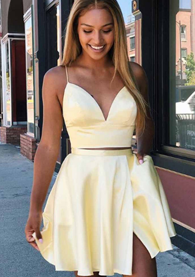 A-Line V-Neck Charmeuse Sleeveless Homecoming Dress with Split Pockets - Babyonlines