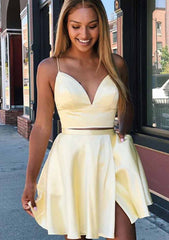 A-Line V-Neck Charmeuse Sleeveless Homecoming Dress with Split Pockets - Babyonlines