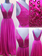 A-line V-neck Chiffon Prom Dress with Sweep Train and Beading