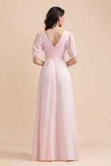 A-Line V-Neck Chiffon Ruffles Bridesmaid Dress with Short Sleeves-Babyonlines