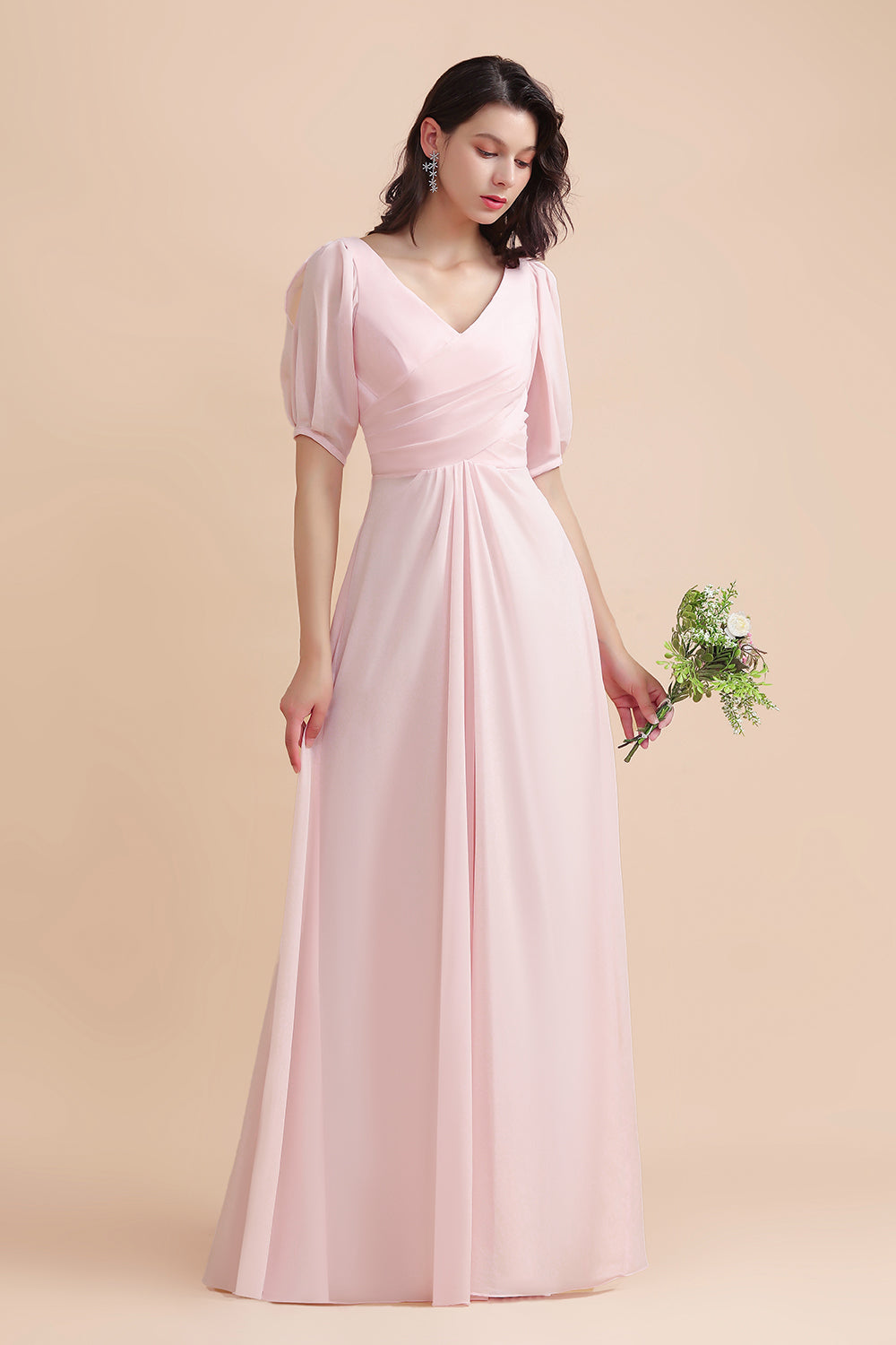 A-Line V-Neck Chiffon Ruffles Bridesmaid Dress with Short Sleeves-Babyonlines