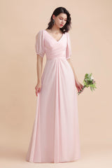 A-Line V-Neck Chiffon Ruffles Bridesmaid Dress with Short Sleeves-Babyonlines