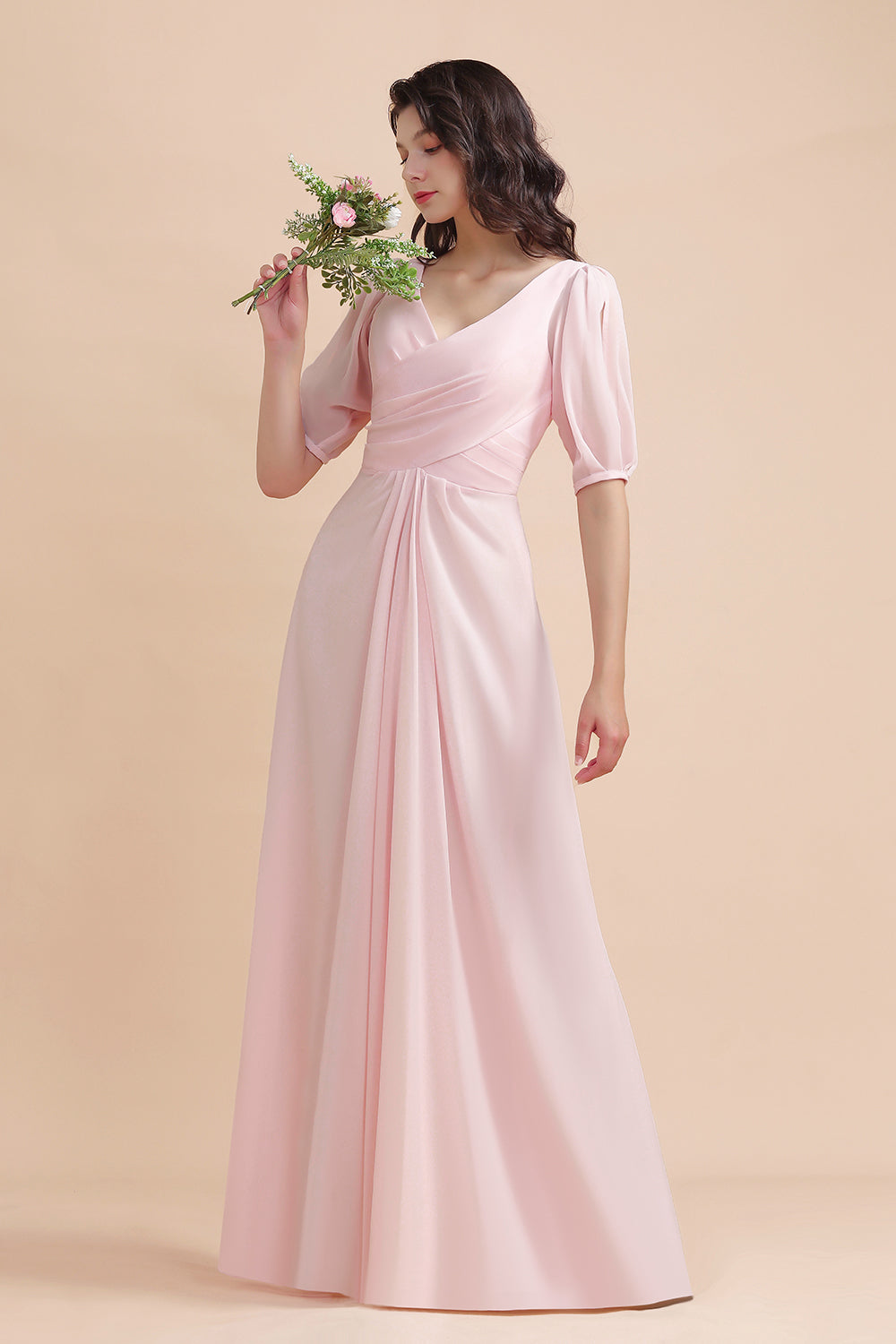 A-Line V-Neck Chiffon Ruffles Bridesmaid Dress with Short Sleeves-Babyonlines