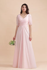 A-Line V-Neck Chiffon Ruffles Bridesmaid Dress with Short Sleeves-Babyonlines