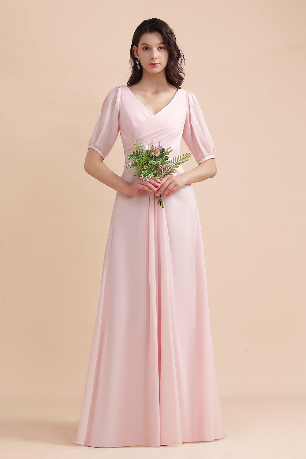 A-Line V-Neck Chiffon Ruffles Bridesmaid Dress with Short Sleeves-Babyonlines