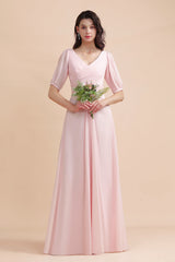A-Line V-Neck Chiffon Ruffles Bridesmaid Dress with Short Sleeves-Babyonlines