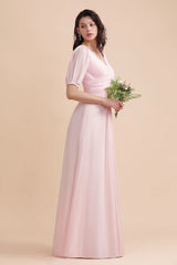 A-Line V-Neck Chiffon Ruffles Bridesmaid Dress with Short Sleeves-Babyonlines