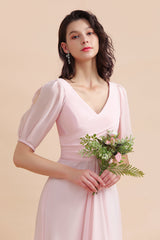 A-Line V-Neck Chiffon Ruffles Bridesmaid Dress with Short Sleeves-Babyonlines