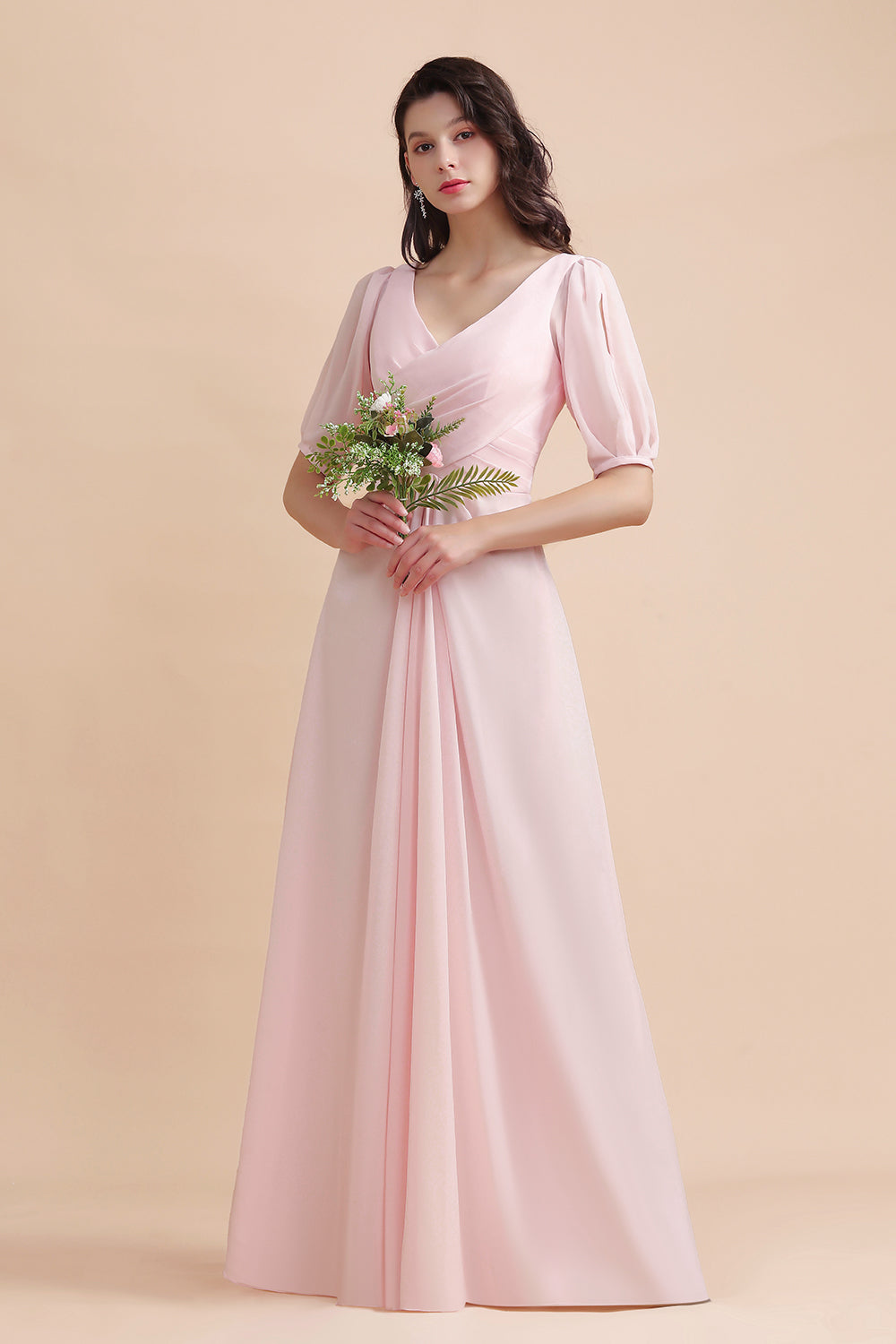 A-Line V-Neck Chiffon Ruffles Bridesmaid Dress with Short Sleeves-Babyonlines