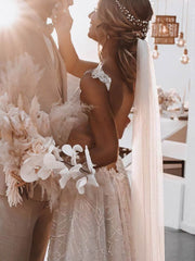 A-line V-neck Glitter Court Train Wedding Dress with Appliques Lace