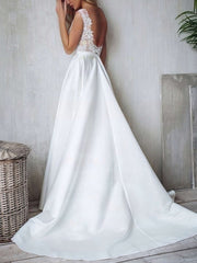 A-line V-neck Satin Sweep Train Wedding Dress With Appliques Lace