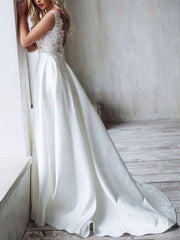 A-line V-neck Satin Sweep Train Wedding Dress With Appliques Lace