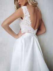 A-line V-neck Satin Sweep Train Wedding Dress With Appliques Lace