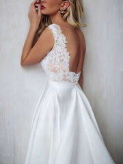 A-line V-neck Satin Sweep Train Wedding Dress With Appliques Lace