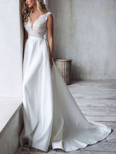 A-line V-neck Satin Sweep Train Wedding Dress With Appliques Lace