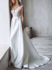 A-line V-neck Satin Sweep Train Wedding Dress With Appliques Lace