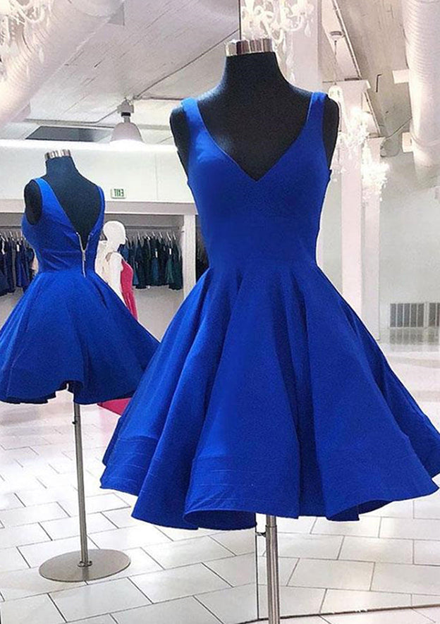 A-line V Neck Sleeveless Satin Short Dress for Homecoming - Babyonlines