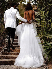 A-line V-neck Tulle Court Train Wedding Dress With Split Front