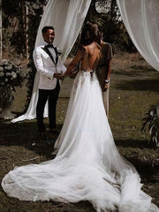 A-line V-neck Tulle Court Train Wedding Dress With Split Front