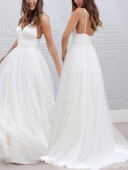 A-line V-neck Tulle Floor-length Wedding Dress With Ruffles