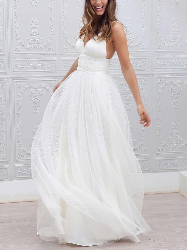A-line V-neck Tulle Floor-length Wedding Dress With Ruffles