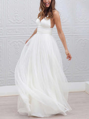 A-line V-neck Tulle Floor-length Wedding Dress With Ruffles