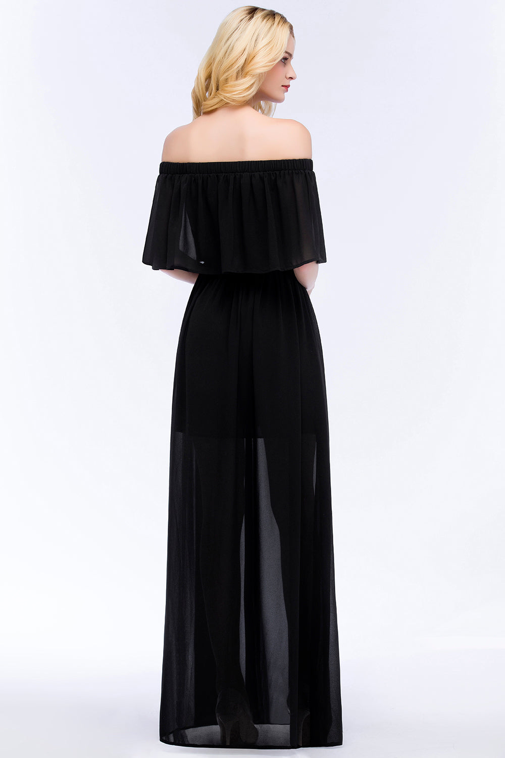 Affordable Black Off-the-shoulder Long Chiffon Bridesmaid Dress Online-Babyonlines