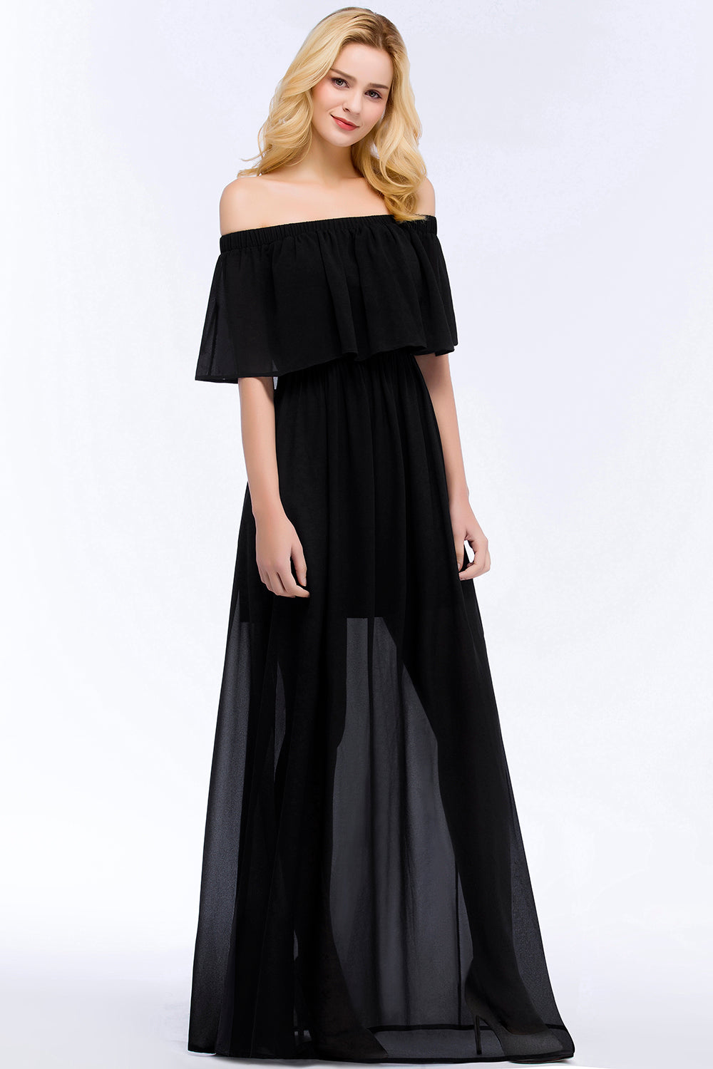 Affordable Black Off-the-shoulder Long Chiffon Bridesmaid Dress Online-Babyonlines