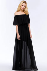 Affordable Black Off-the-shoulder Long Chiffon Bridesmaid Dress Online-Babyonlines