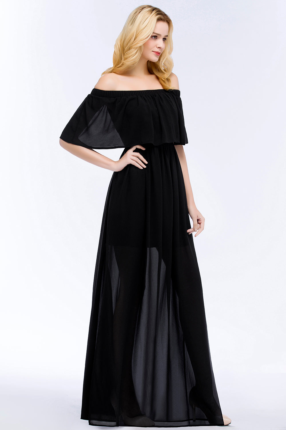Affordable Black Off-the-shoulder Long Chiffon Bridesmaid Dress Online-Babyonlines