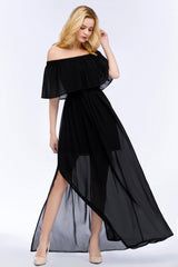 Affordable Black Off-the-shoulder Long Chiffon Bridesmaid Dress Online-Babyonlines