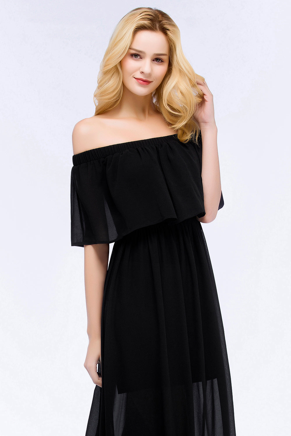 Affordable Black Off-the-shoulder Long Chiffon Bridesmaid Dress Online-Babyonlines