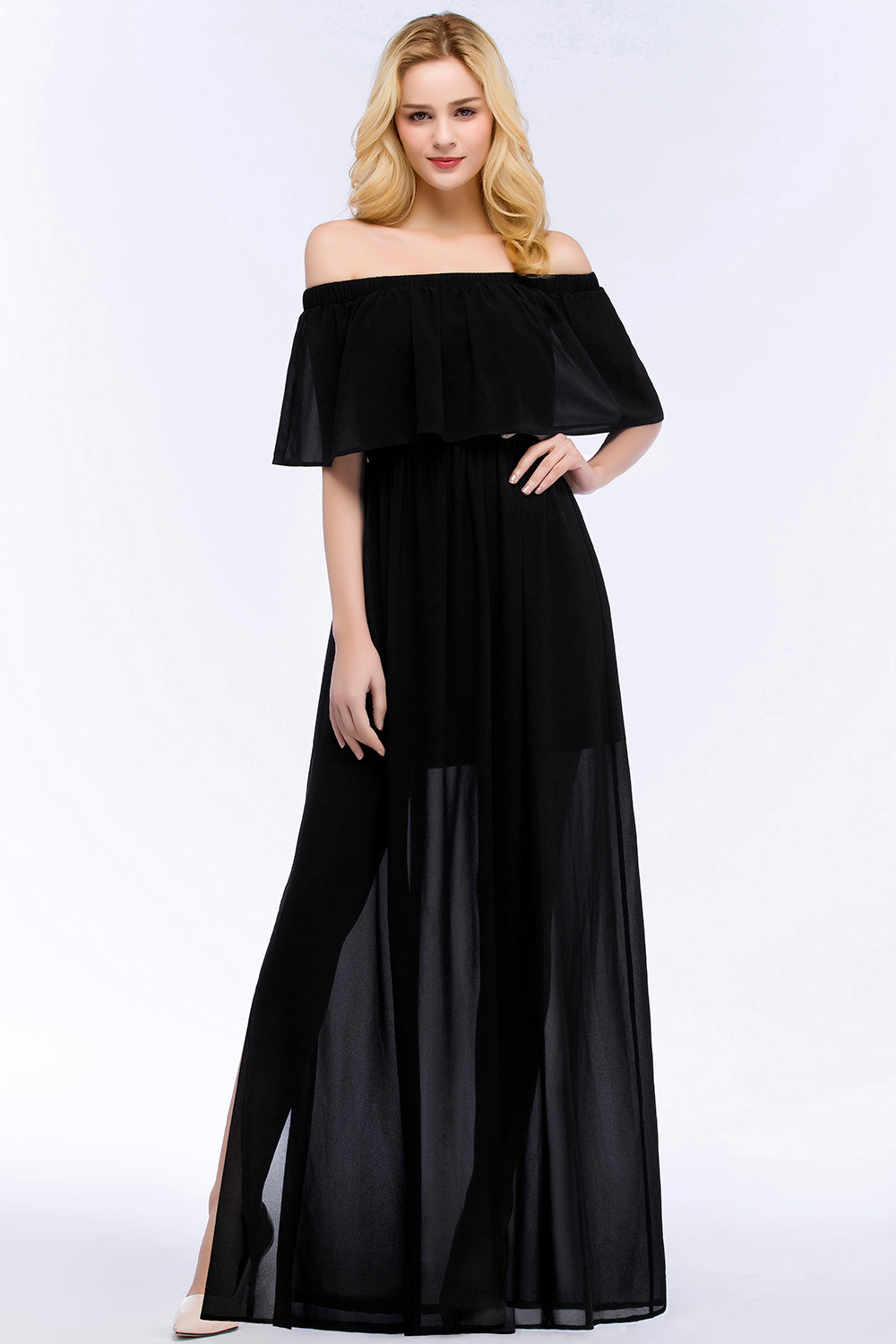 Affordable Black Off-the-shoulder Long Chiffon Bridesmaid Dress Online-Babyonlines