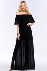 Affordable Black Off-the-shoulder Long Chiffon Bridesmaid Dress Online-Babyonlines