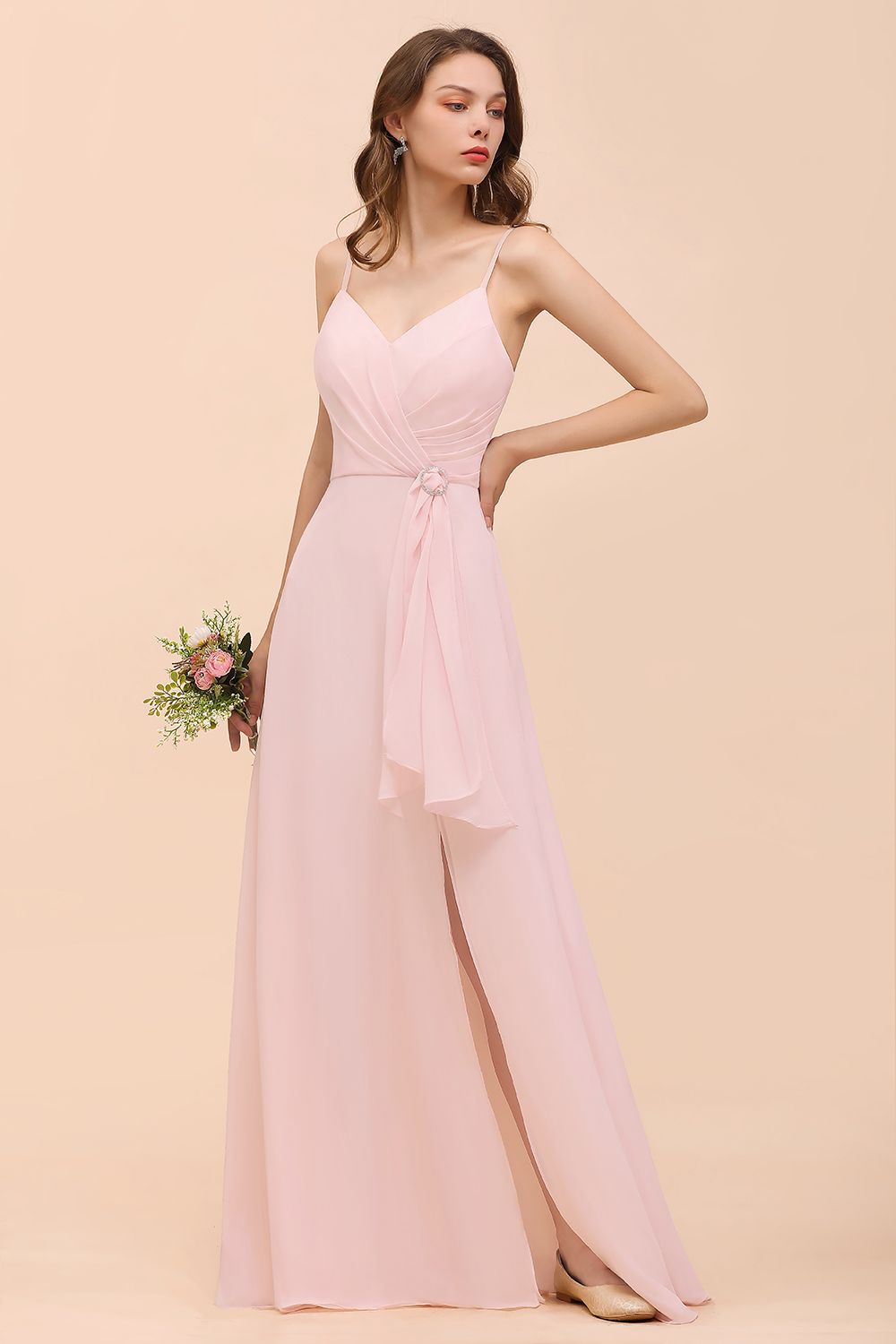 Affordable Blushing Pink Spaghetti Straps Ruffle Bridesmaid Dress-Babyonlines