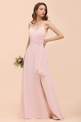 Affordable Blushing Pink Spaghetti Straps Ruffle Bridesmaid Dress-Babyonlines