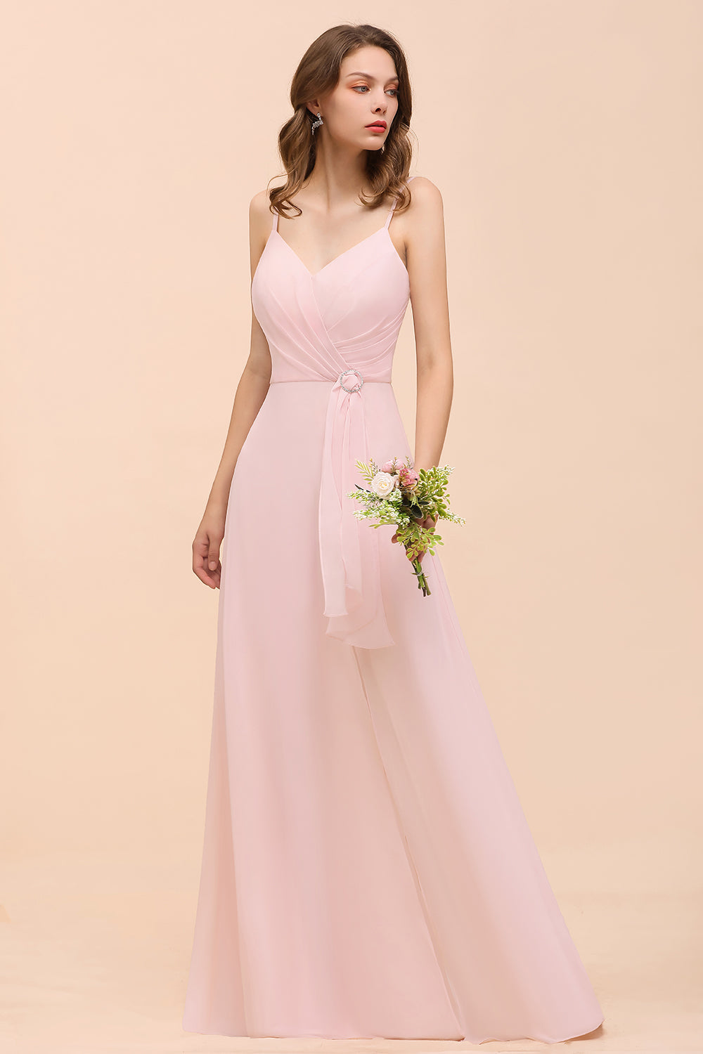 Affordable Blushing Pink Spaghetti Straps Ruffle Bridesmaid Dress-Babyonlines