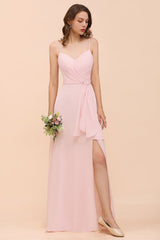 Affordable Blushing Pink Spaghetti Straps Ruffle Bridesmaid Dress-Babyonlines