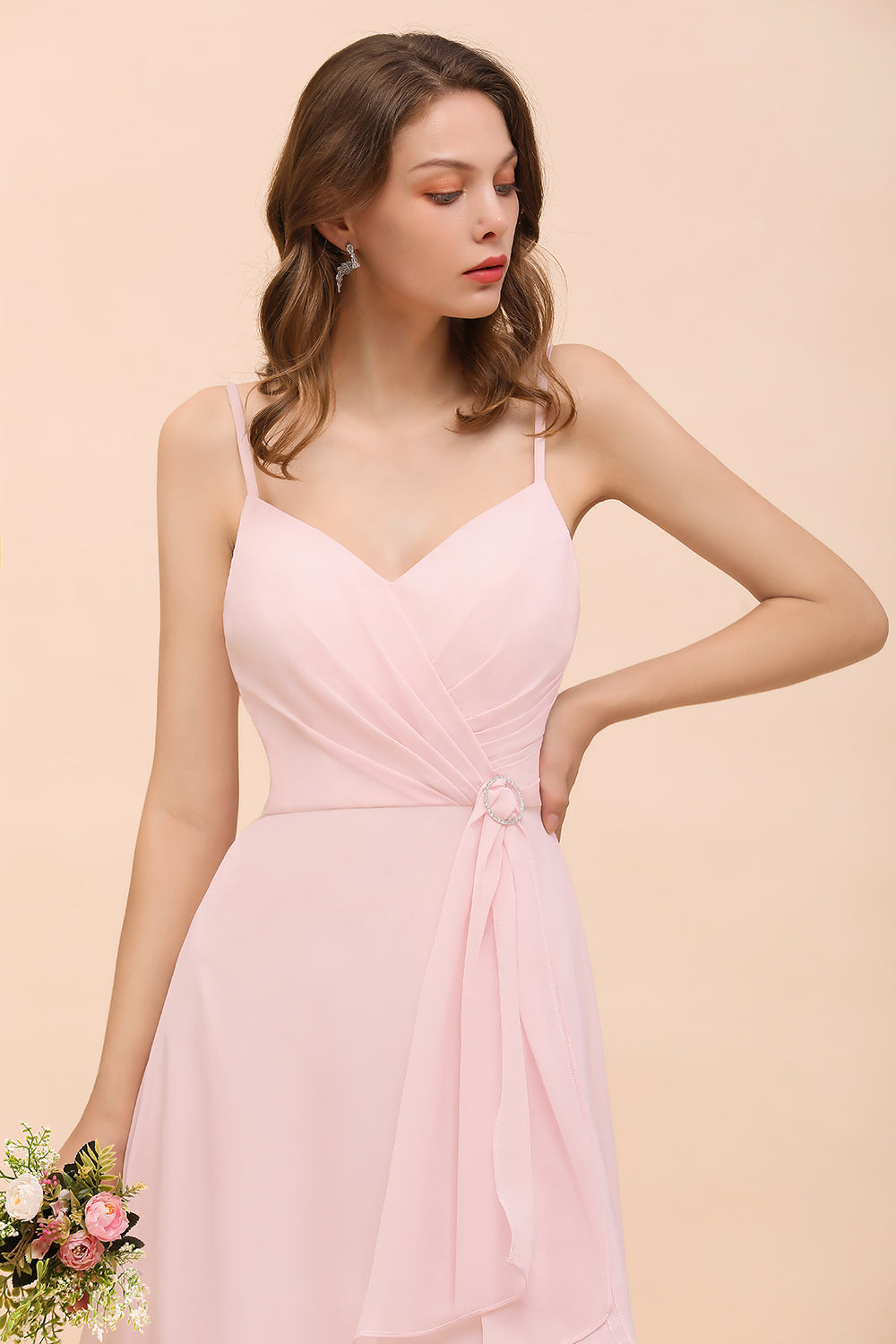 Affordable Blushing Pink Spaghetti Straps Ruffle Bridesmaid Dress-Babyonlines