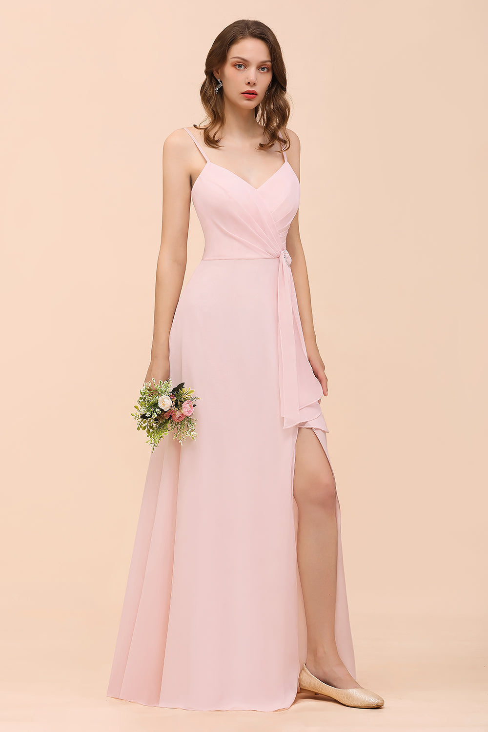 Affordable Blushing Pink Spaghetti Straps Ruffle Bridesmaid Dress-Babyonlines