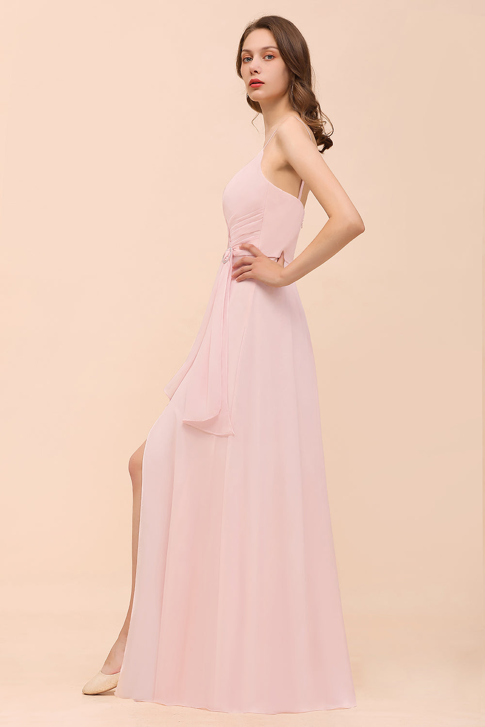 Affordable Blushing Pink Spaghetti Straps Ruffle Bridesmaid Dress-Babyonlines