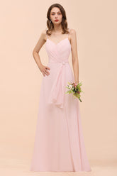 Affordable Blushing Pink Spaghetti Straps Ruffle Bridesmaid Dress-Babyonlines