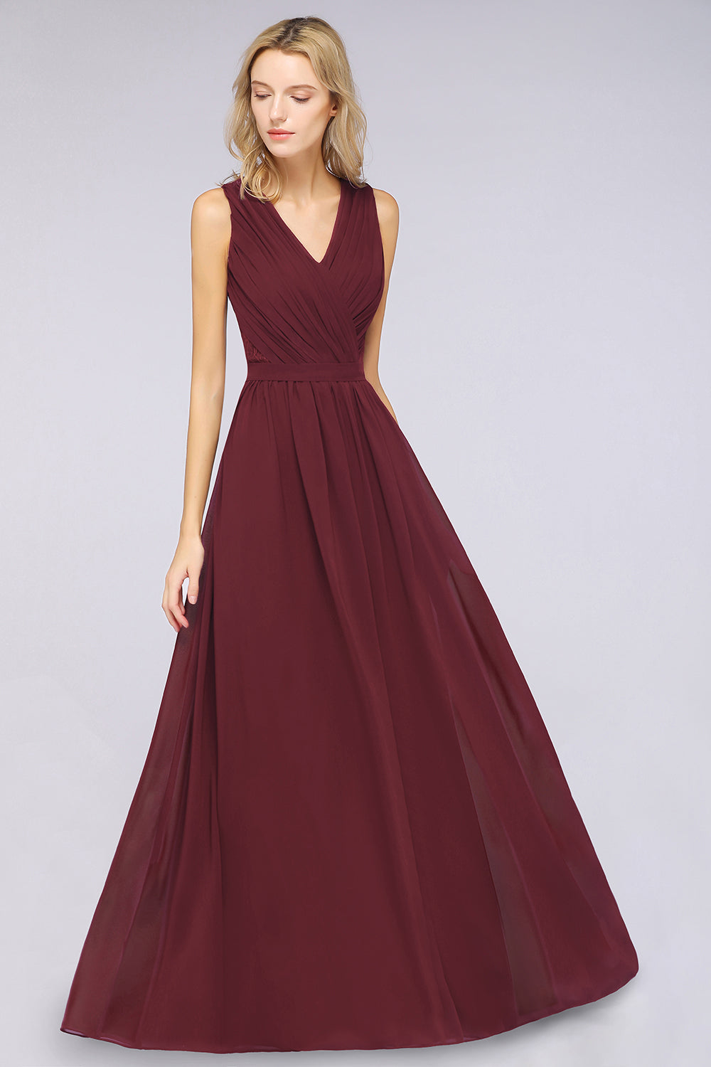 Affordable Burgundy V-Neck Ruffle Bridesmaid Dresses with Lace-Back-Babyonlines