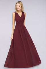 Affordable Burgundy V-Neck Ruffle Bridesmaid Dresses with Lace-Back-Babyonlines