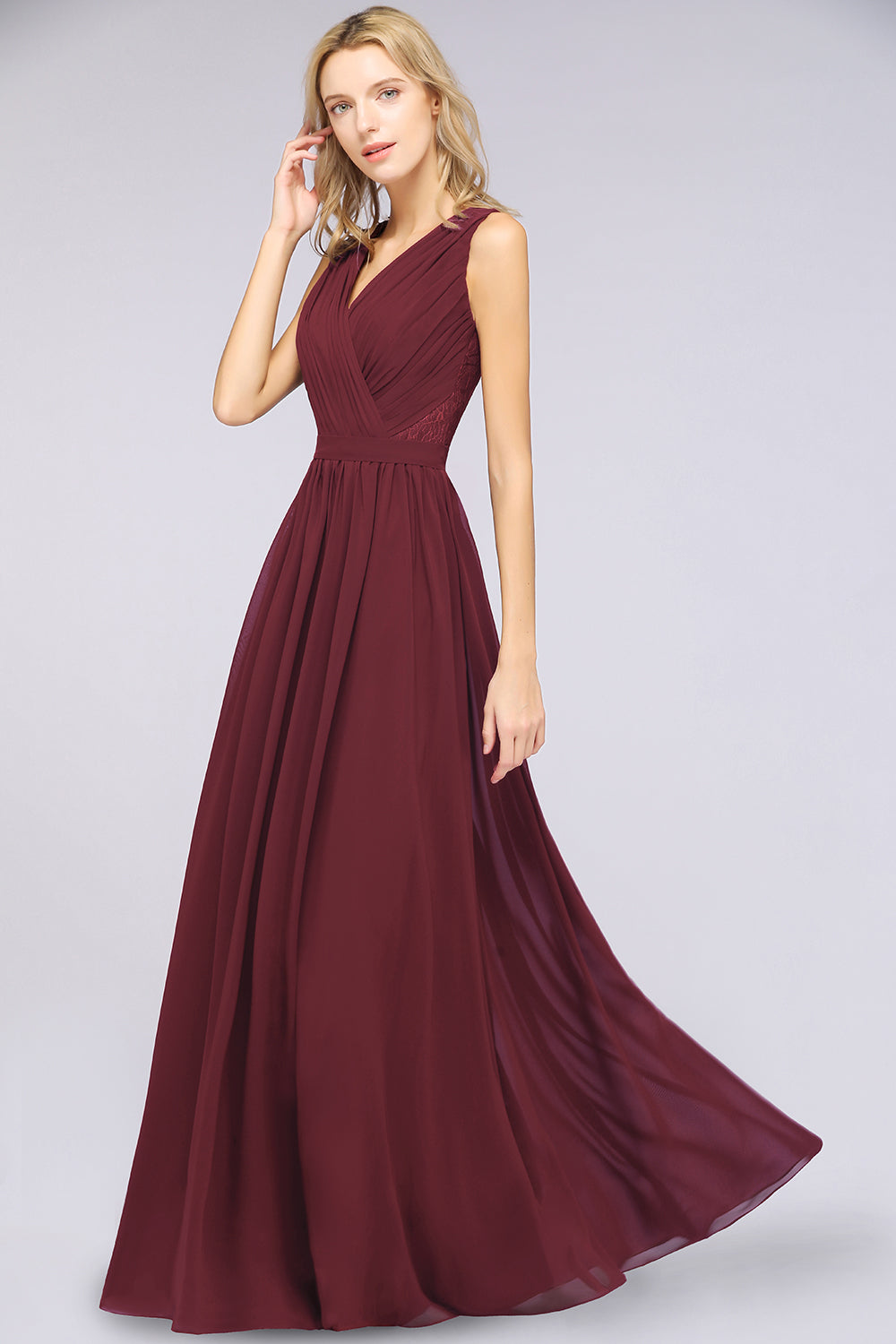 Affordable Burgundy V-Neck Ruffle Bridesmaid Dresses with Lace-Back-Babyonlines