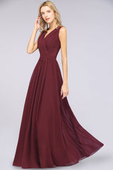 Affordable Burgundy V-Neck Ruffle Bridesmaid Dresses with Lace-Back-Babyonlines
