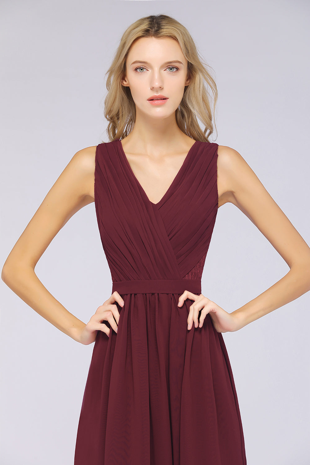 Affordable Burgundy V-Neck Ruffle Bridesmaid Dresses with Lace-Back-Babyonlines