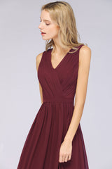 Affordable Burgundy V-Neck Ruffle Bridesmaid Dresses with Lace-Back-Babyonlines